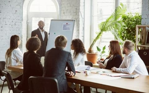 An image showing a person conducting training for a group of people sitting in a conference room.