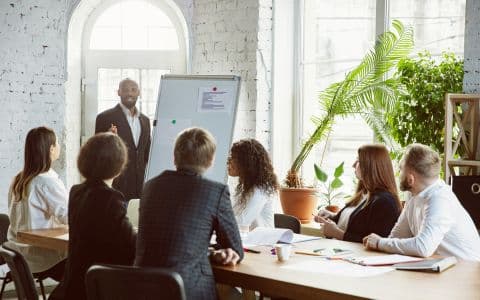 An image showing a person conducting training for a group of people sitting in a conference room.