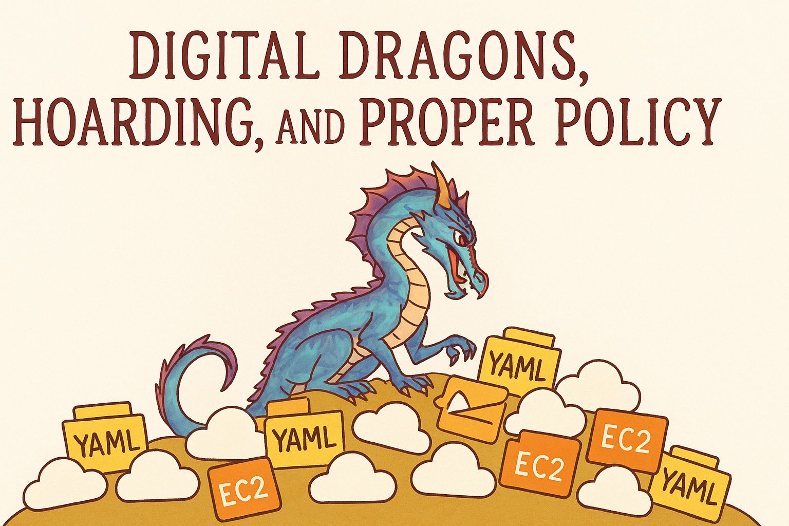 A digital dragon guarding piles of cloud servers and data storage